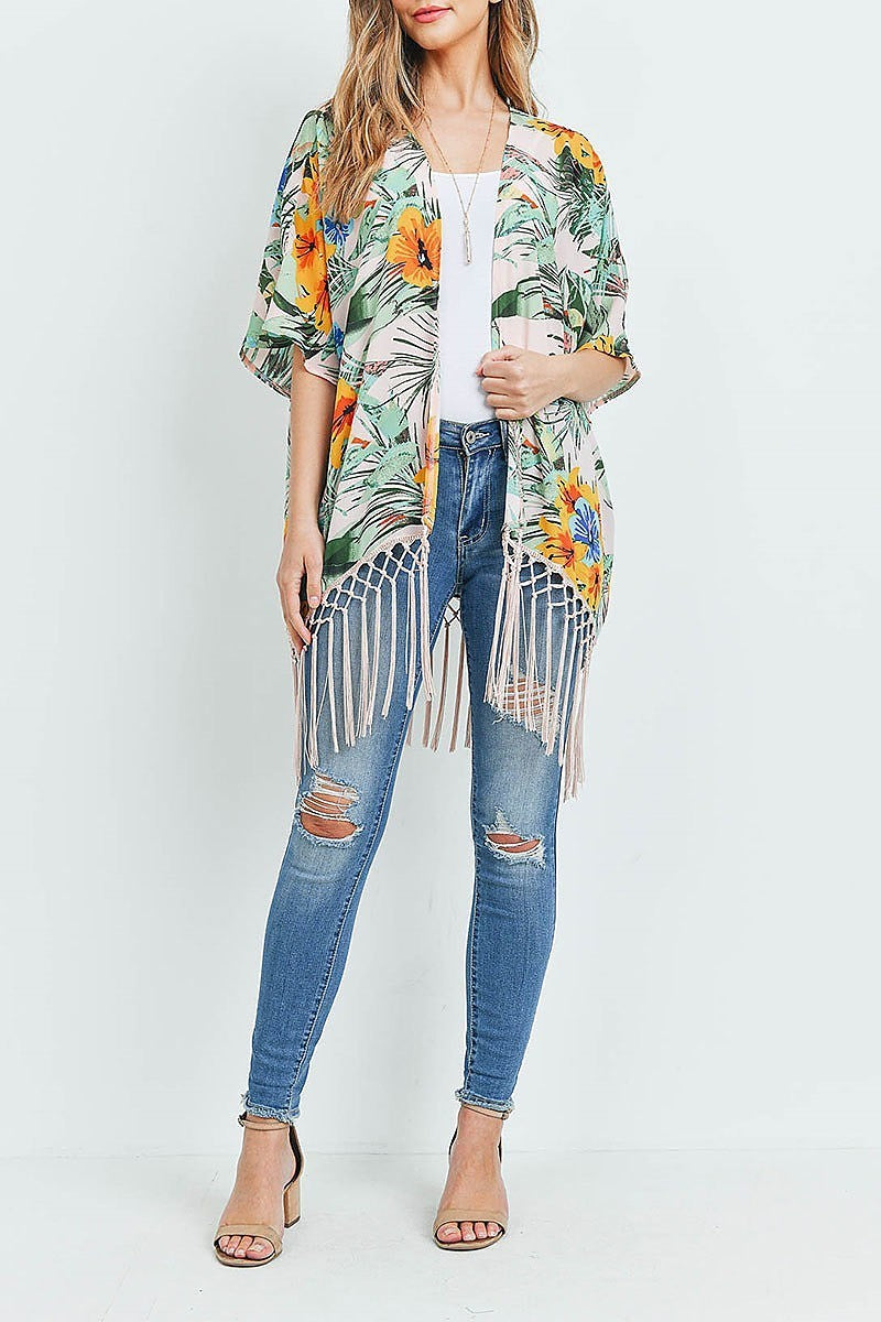 Fringe detail floral print kimono (ED9057)