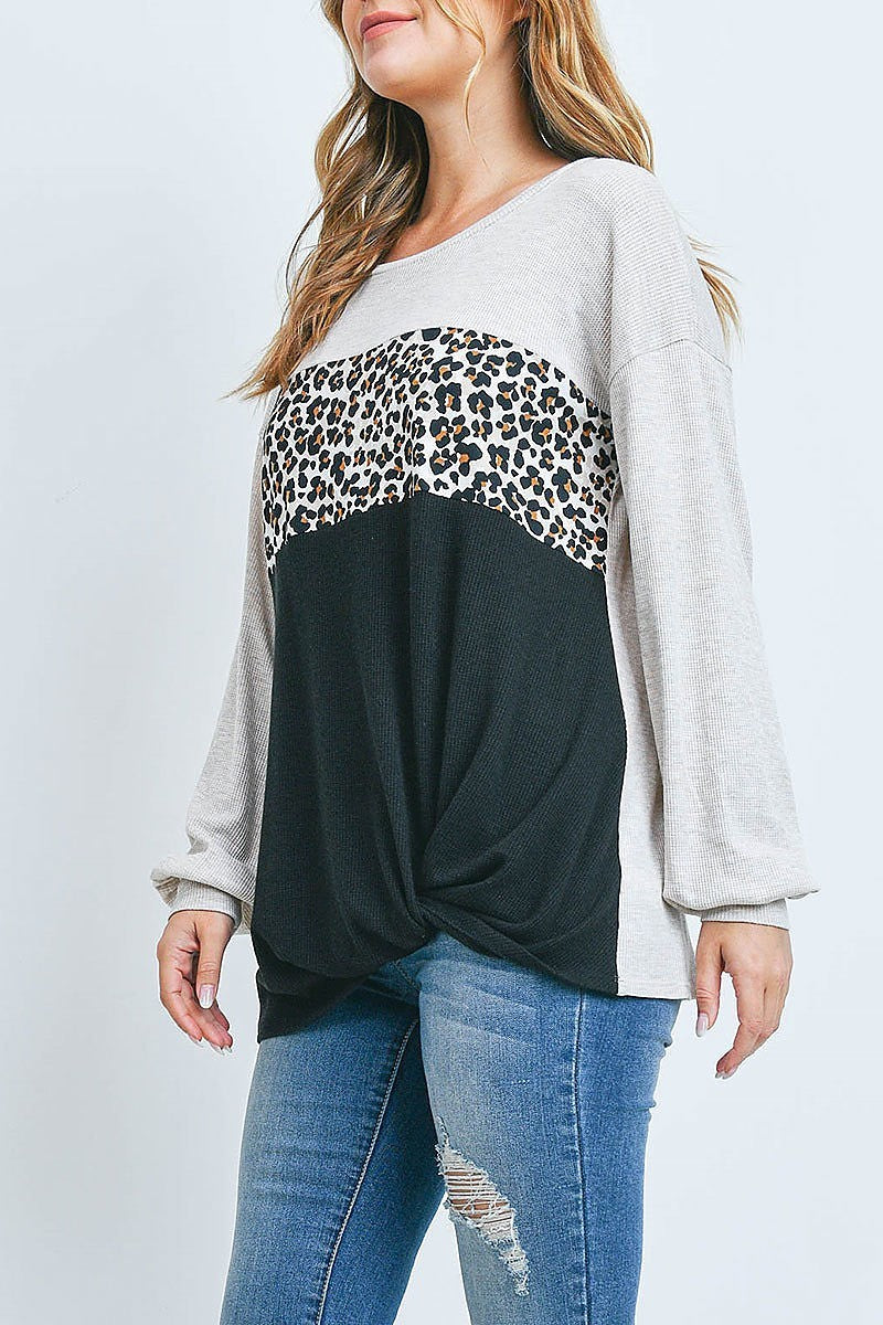 Puff sleeve twist front leopard contrast knit top (EF2470)