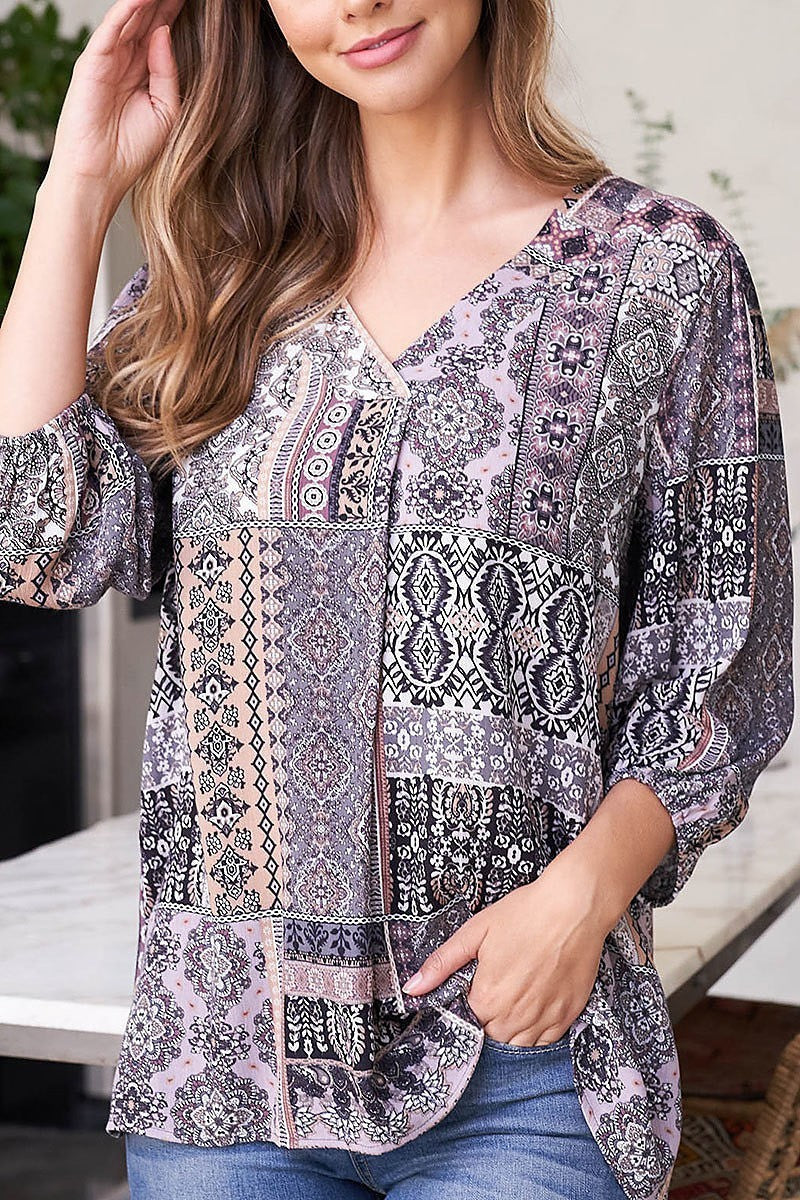 Quarter sleeve v neck front pleat printed top (EF2188)