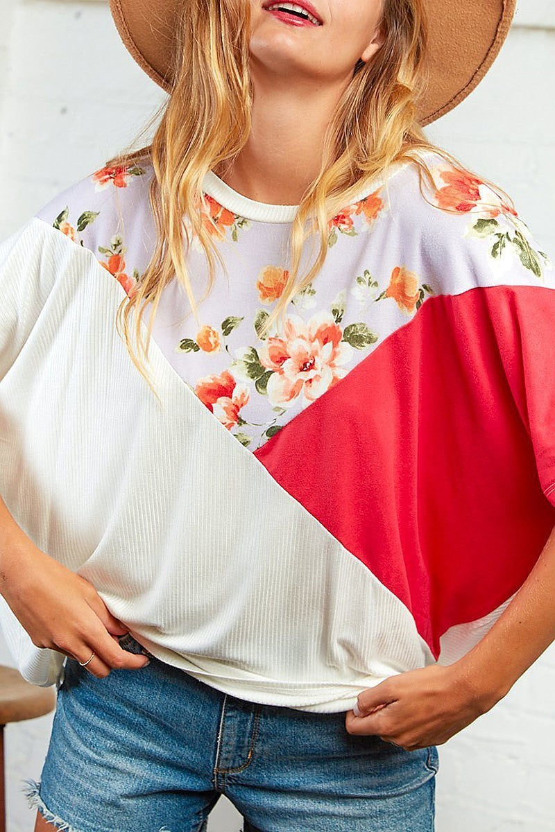 Floral color block dolman blouse (EDBM4410)