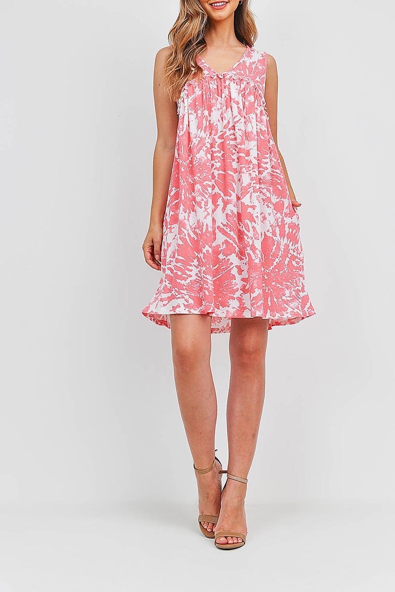 V neck ruffle detail rib tie dye pocket dress (DED6698)