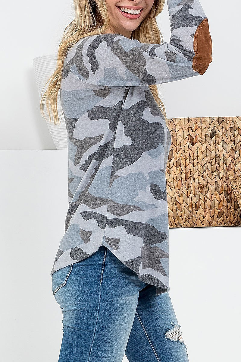 Suede elbow patch long sleeve camo top (EF2538)