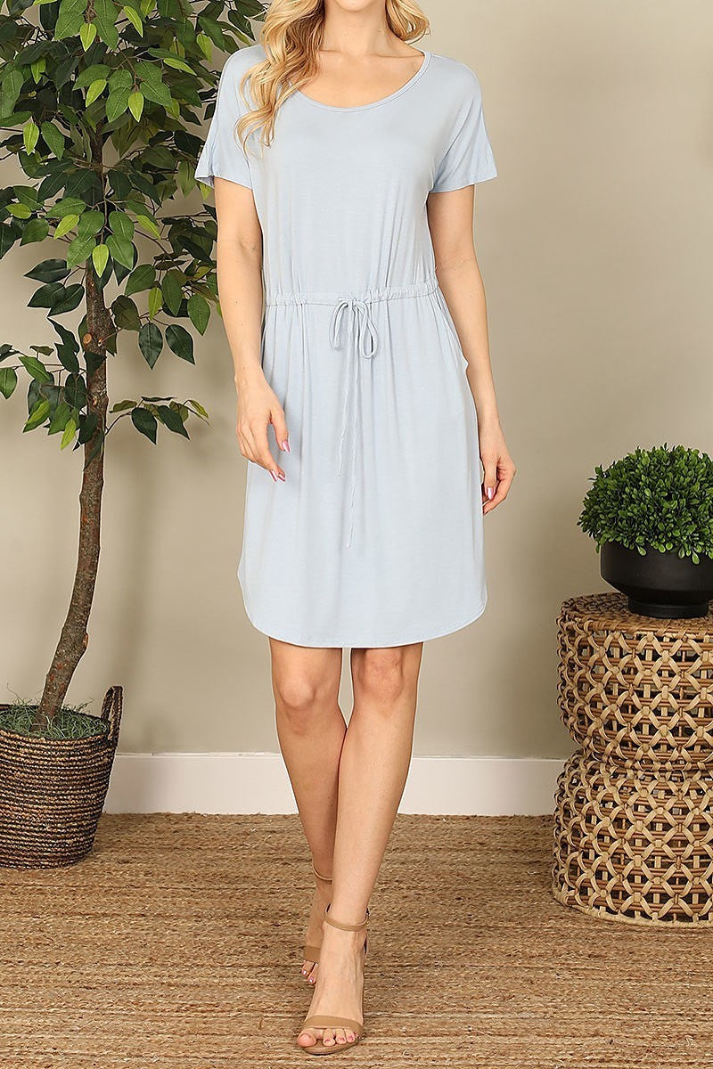 Short sleeve elastic waist tie solid dress (DED9253)