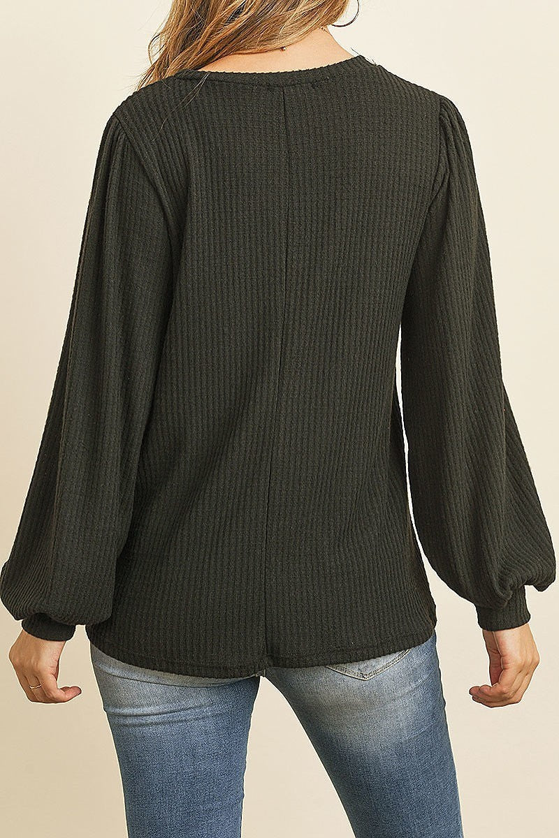 Long puff sleeve round neck waffle brushed loose fit top (ED8100-8)