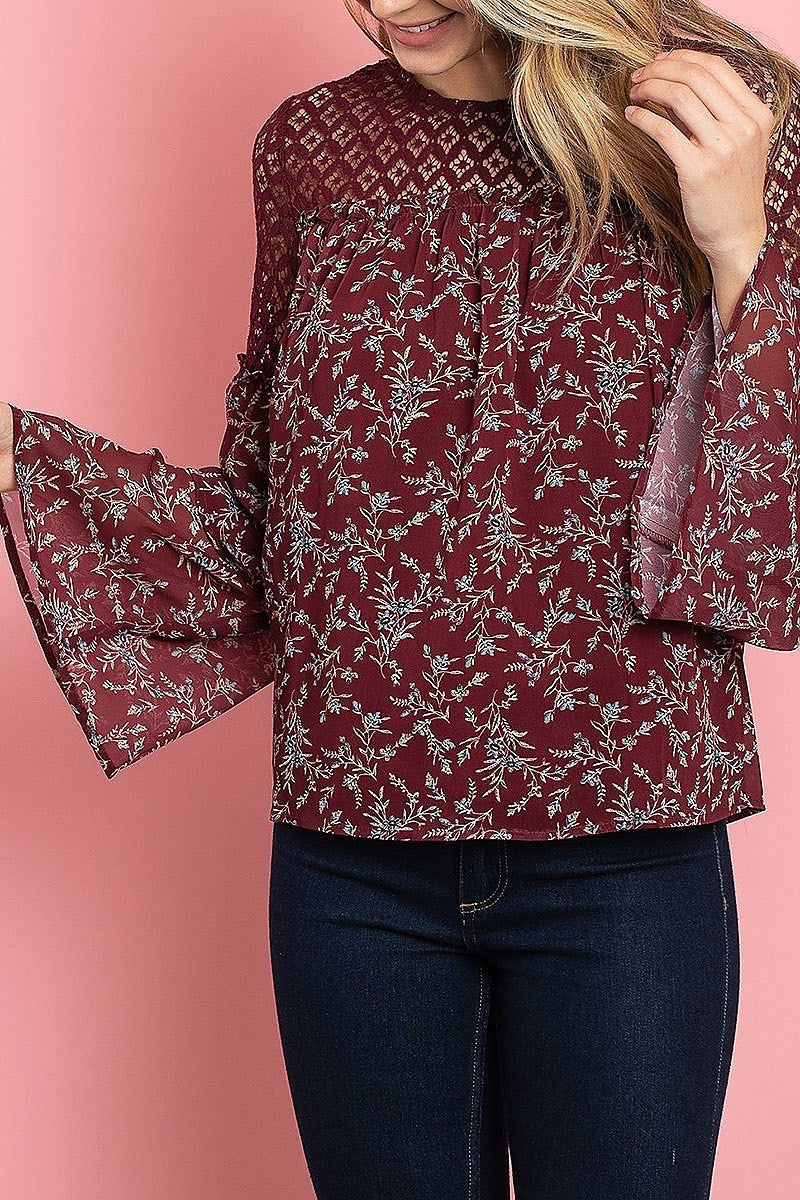 Lace trimmed bell sleeve floral print top (ED7931)