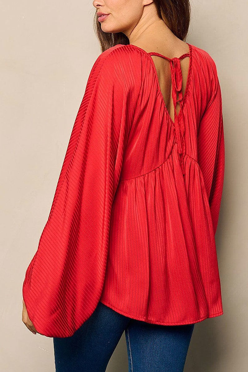 Long ballon sleeve v-neck tunic blouse top (EFWT4811)