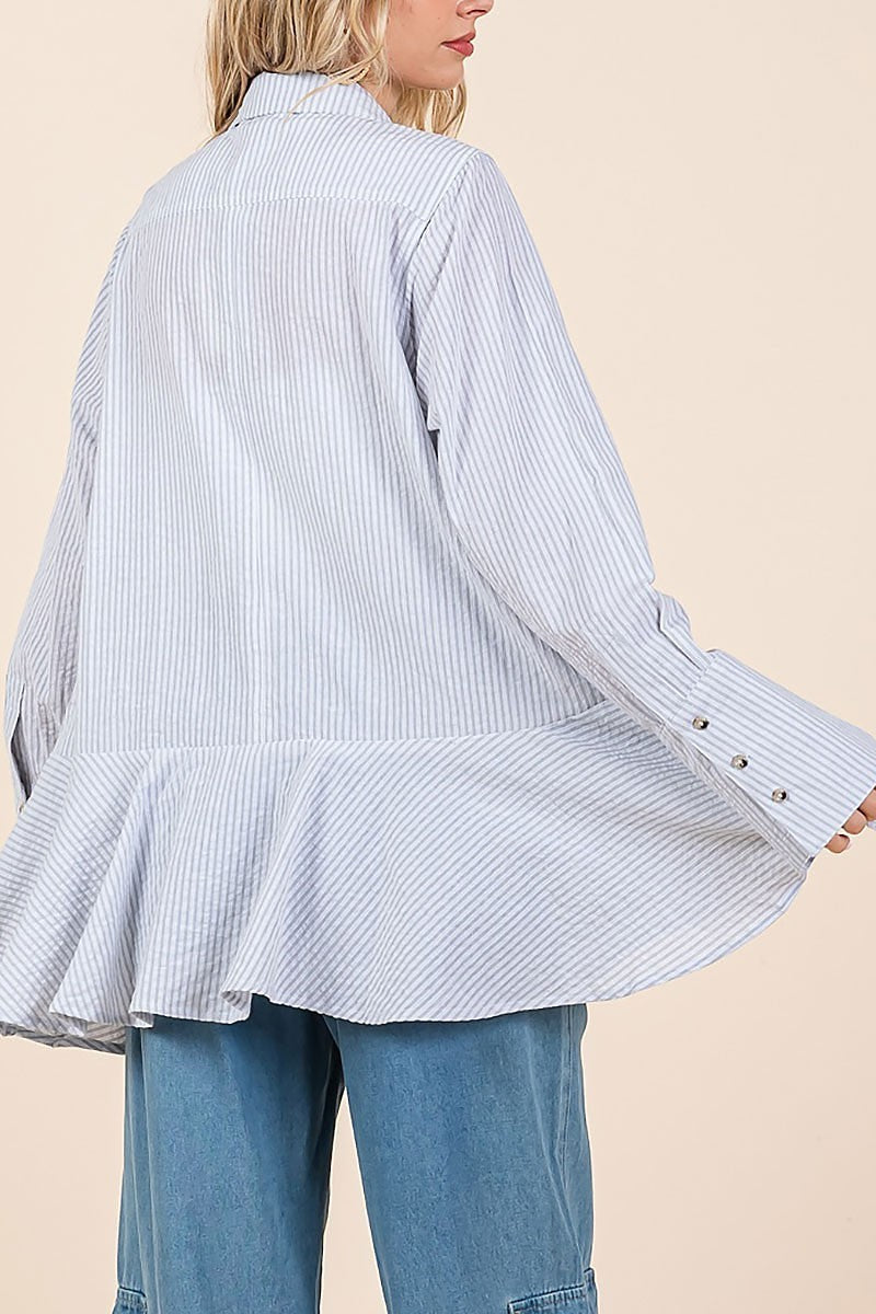 Striped button down ruffle bottom tunic shirt (EDH2327)