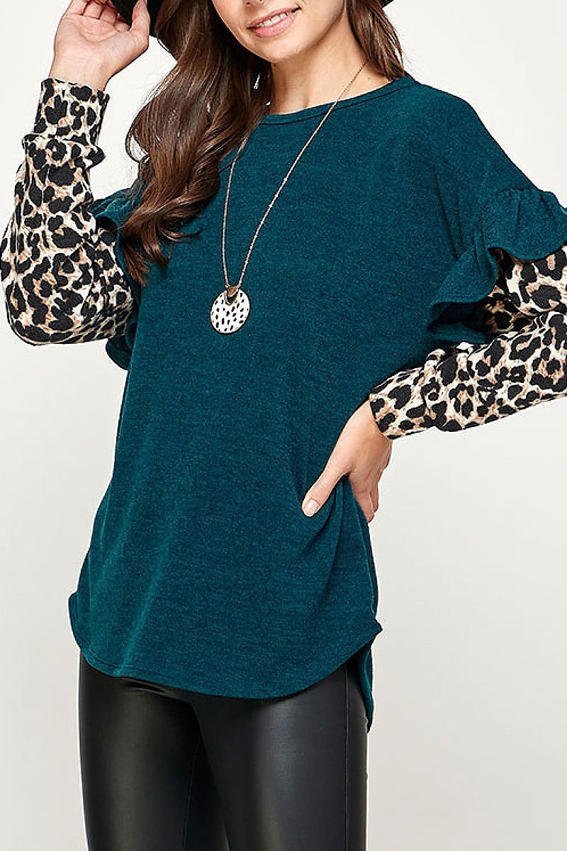 Animal print ruffle detail color block top (EF2233)