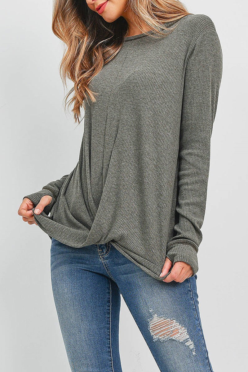 Twist front hem long sleeve top (EF2189)