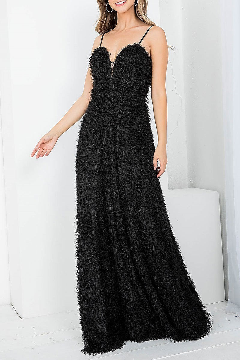 Sweetheart neck furry maxi dress (DED7484)