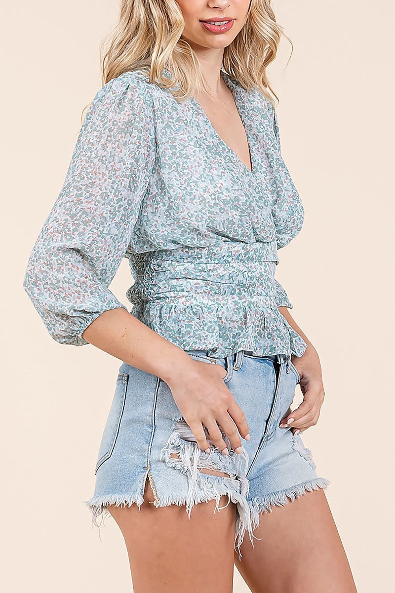 Floral wrap front smocking back blouse top (EDH2193)