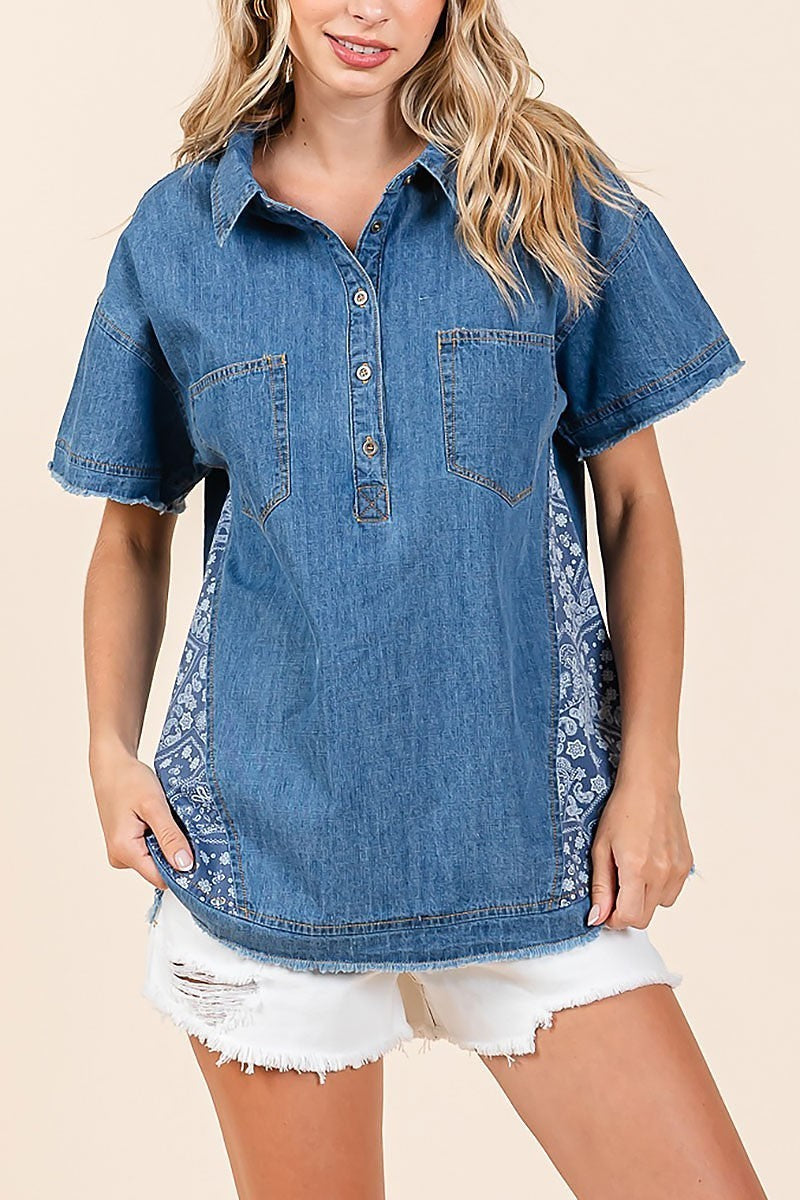 Patchworks detailing button down denim shirt (EDH2340)