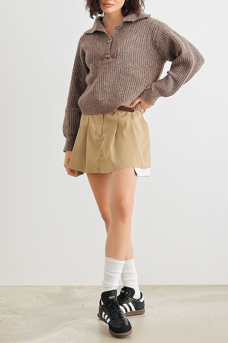 Wool knit button up neck crop sweater (TED2026)