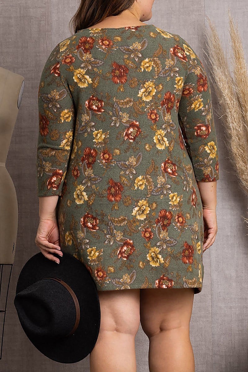 Floral print3/4 sleeves soft plus size mini dress (EDSW3584)