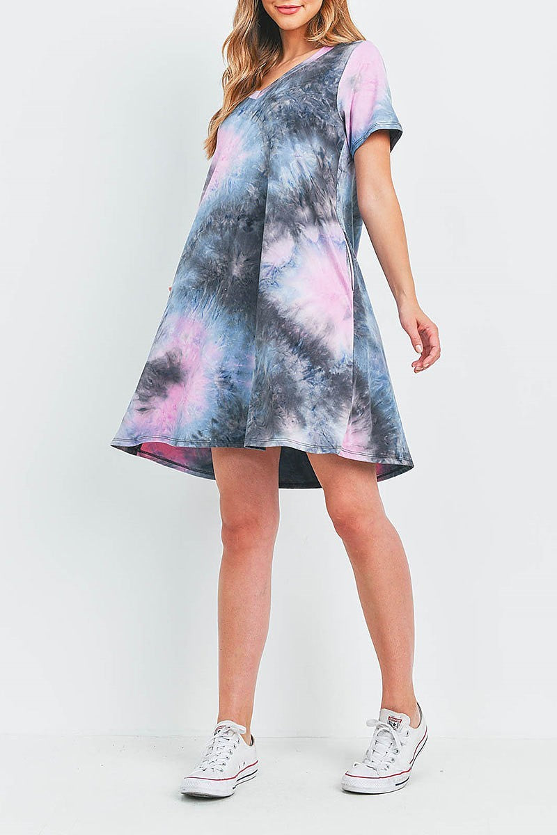 Tie dye v neck pocket swing dress (DED6476)