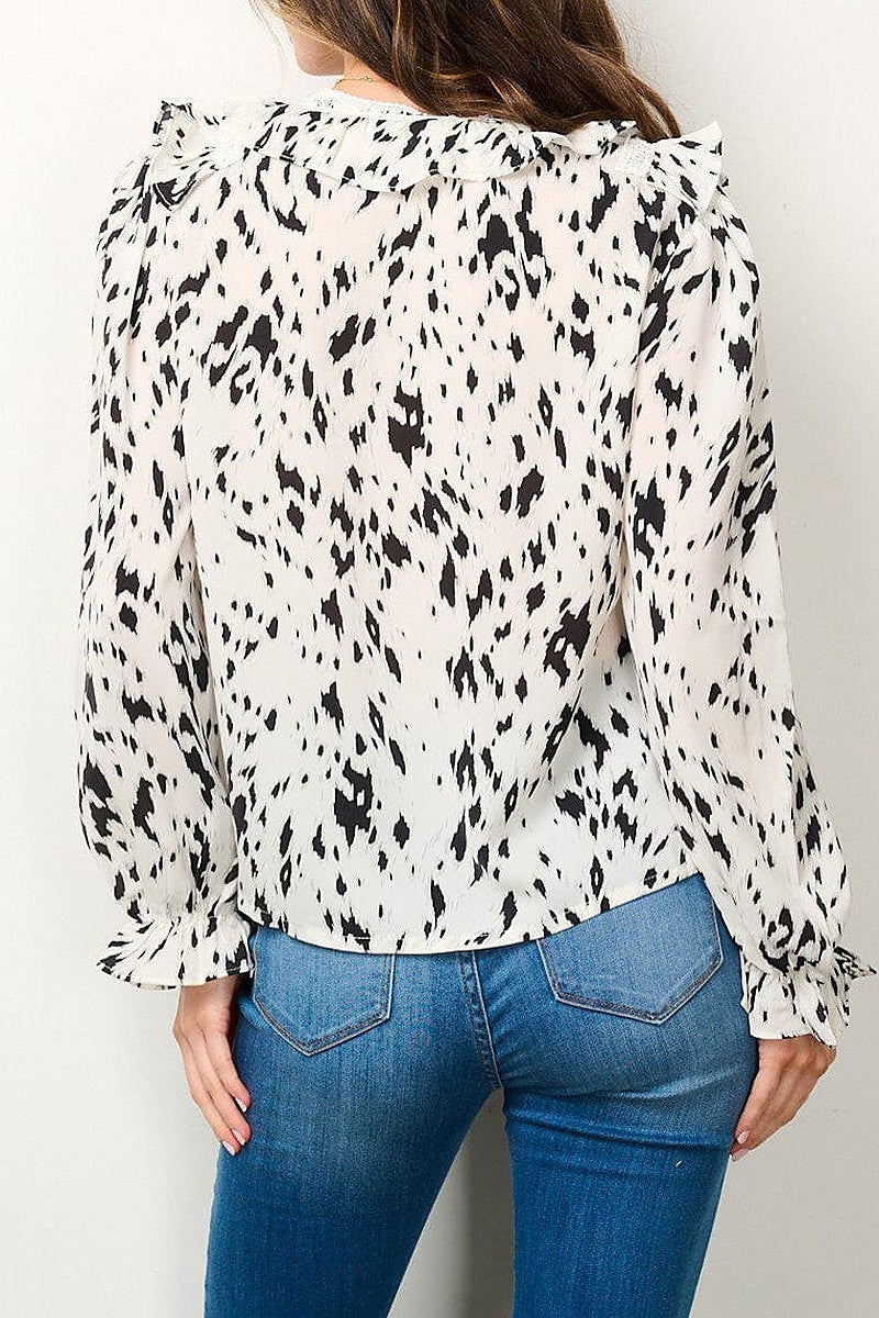 Long sleeve v-neck ruffle printed blouse top (EFWT7003)