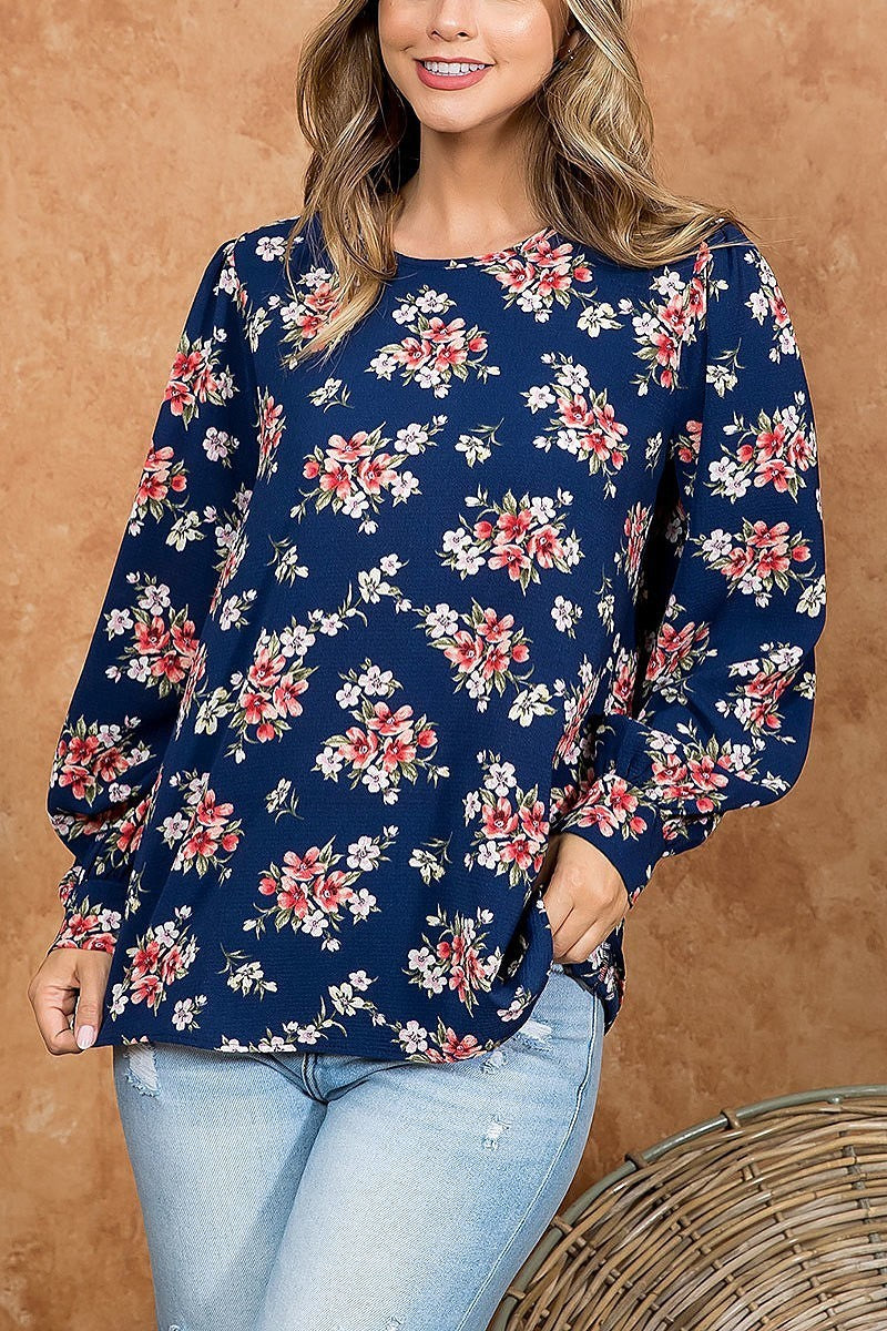 Floral long sleeve keyhole back top (ED4552)