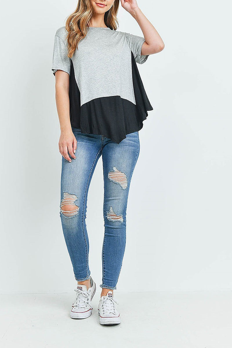 Asymmetrical hem color block top (ED9802)