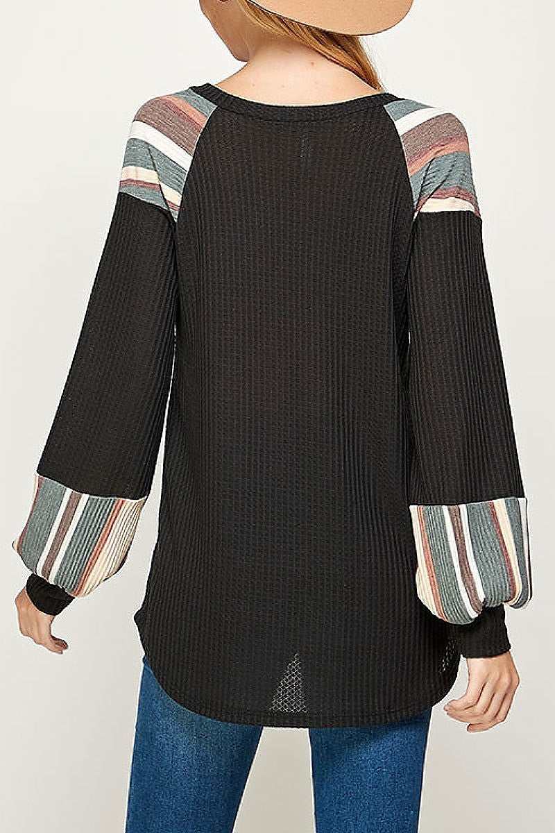 Stripe color block bubble sleeve top (ET2373)