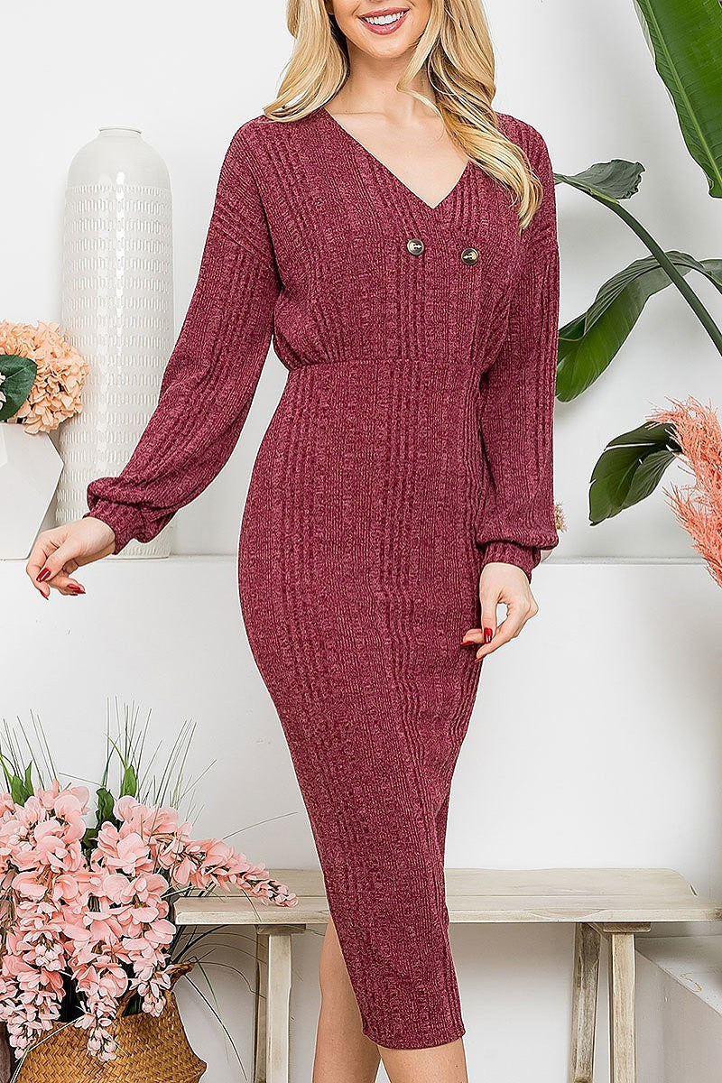 V neck button detail long sleeve textured dress (DED8128)