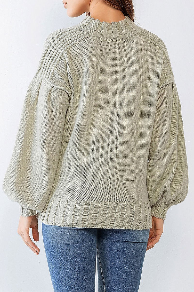 Bubble sleeve ribbed knit detail sweater (TDG9928)