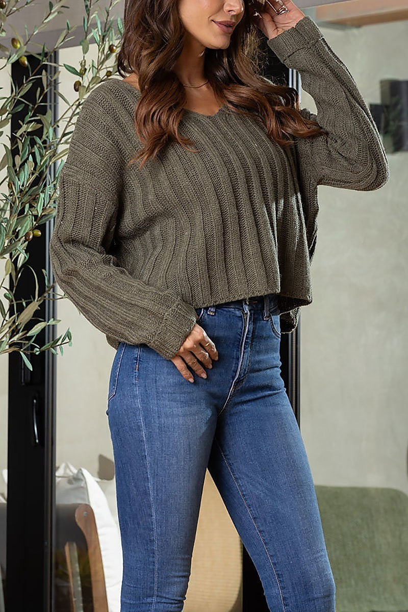 V-neck long sleeves crop top sweater (EDSW3821)