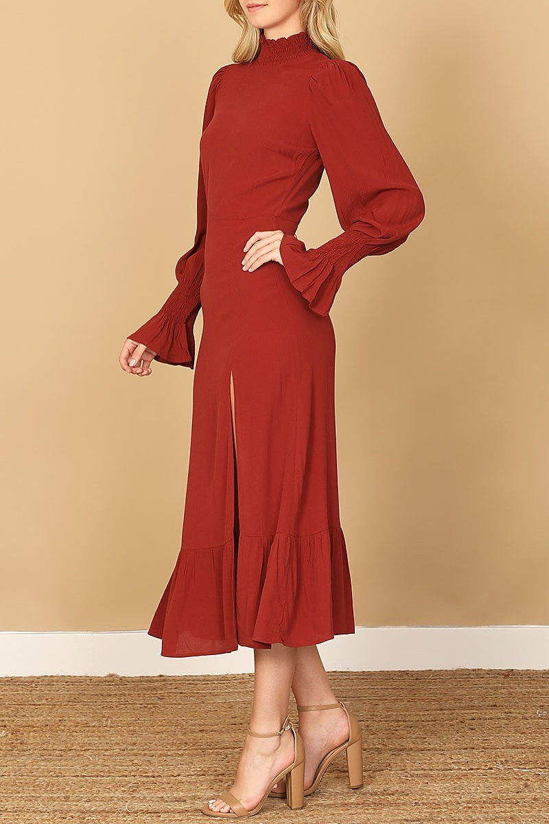 Smocked neck and long sleeve side slit solid dress (DED9785)