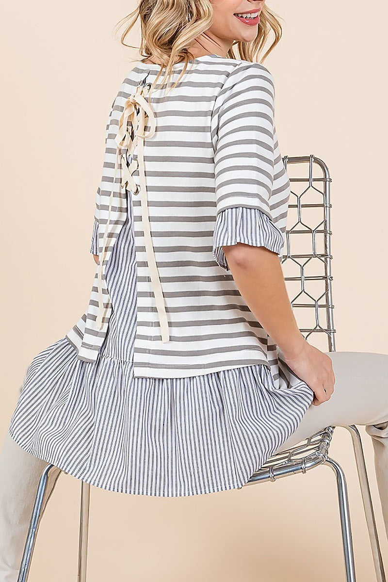 Cotton stripe lace up detail top (EDH2135)