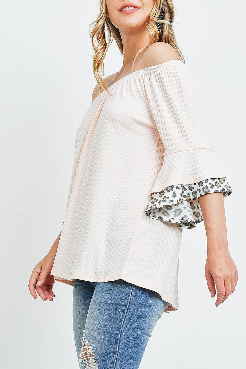 Off shoulder brushed rib bell leopard sleeves top (ED9767)