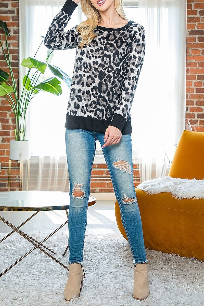 Round neck long sleeve leopard top (EF4713)