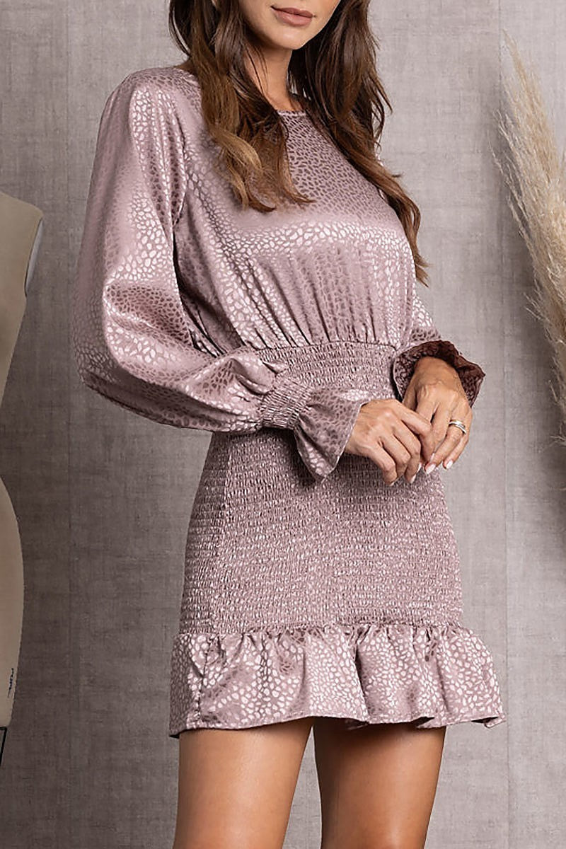 Jacquard satin smocked long sleeve mini dress (EDSW3440)