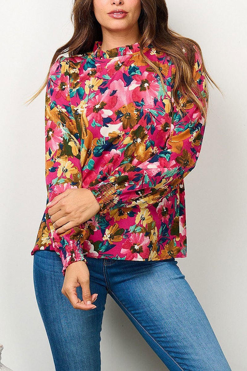 Long sleeve mock neck floral blouse top (EFWT6667)