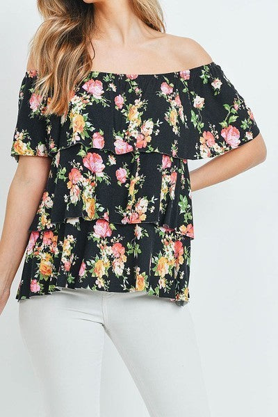 Off shoulder floral ruffle tiered layered top (ED8729-2)