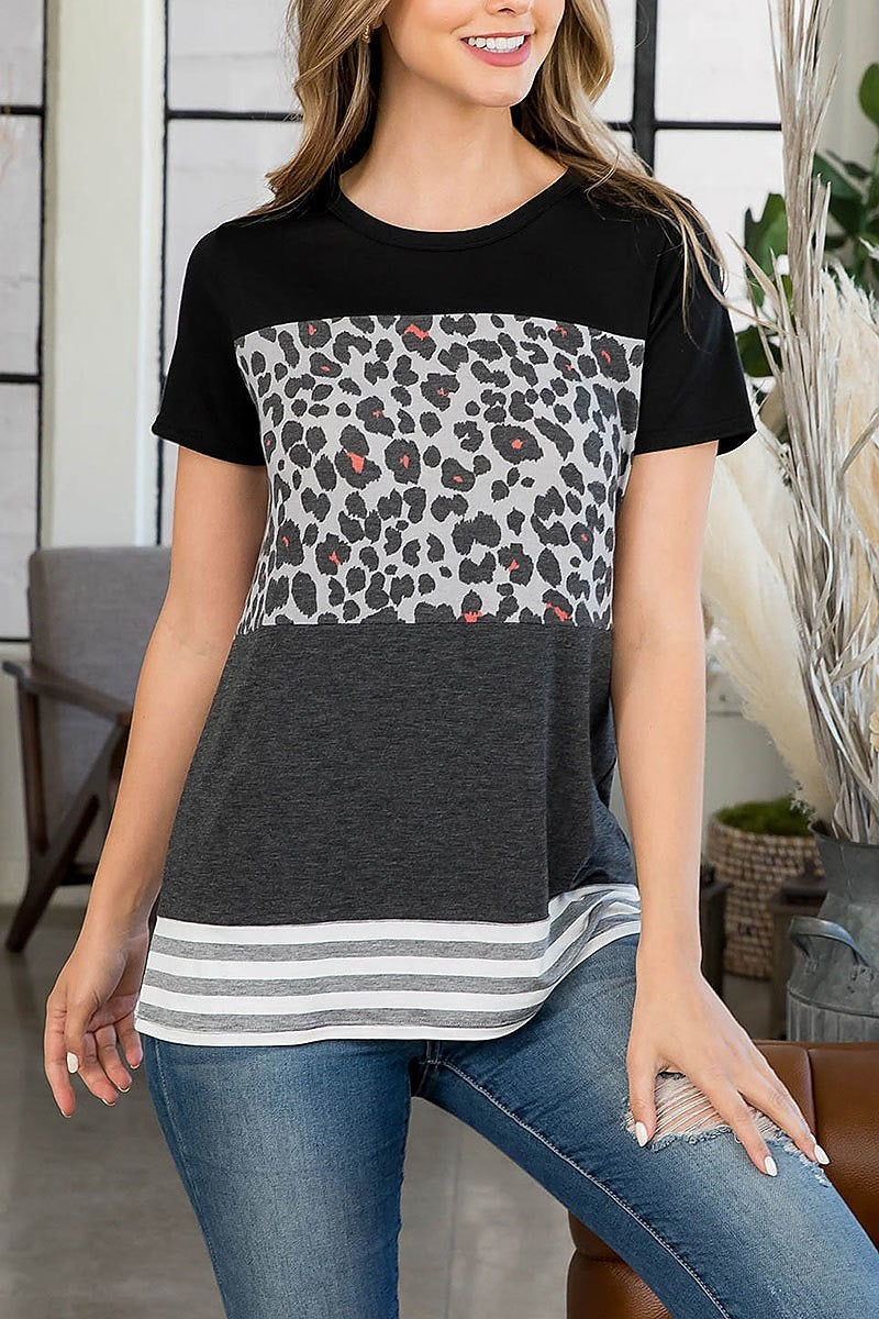 Short sleeve leopard color block top (EF3122)