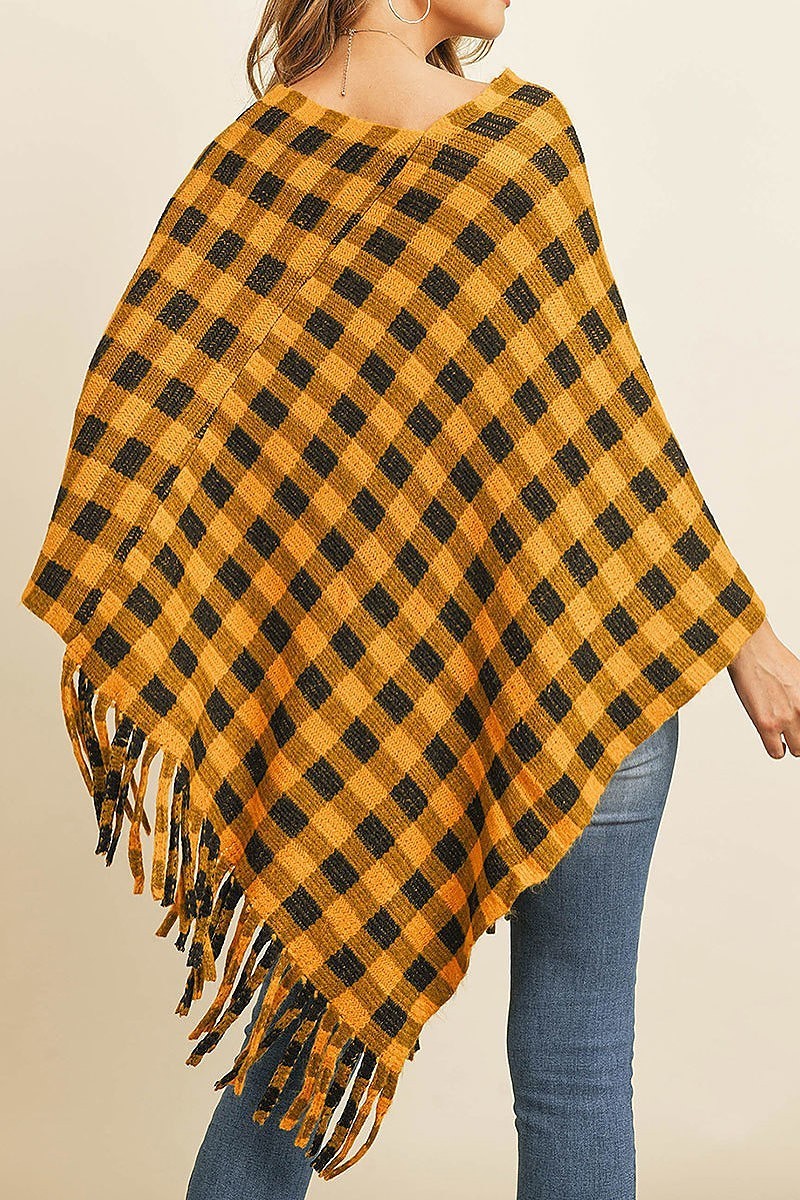 Fringe detail buffalo plaid poncho kimono (DGS4956)