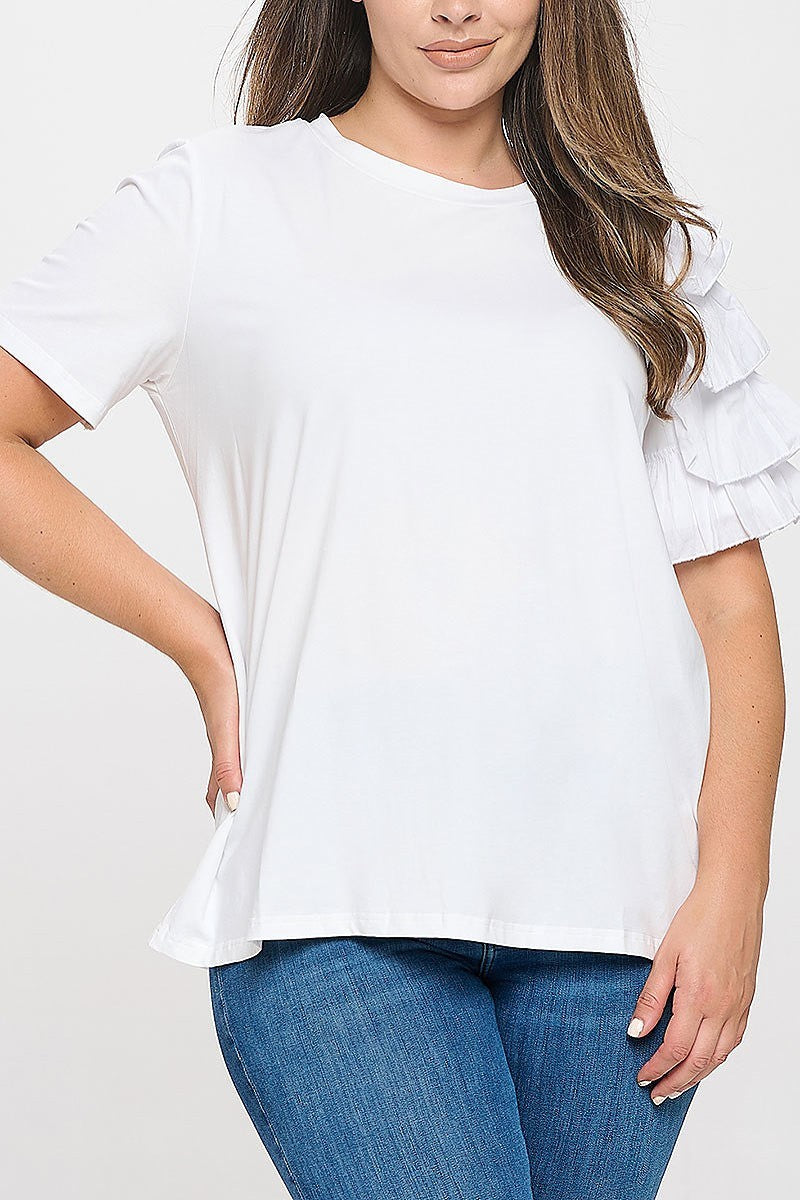 Plus size one sleeve layered ruffle solid top (XDG8262)