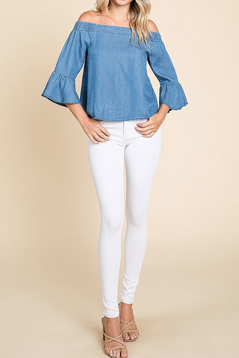 Chambray elastic off shoulder top (EDH1637)