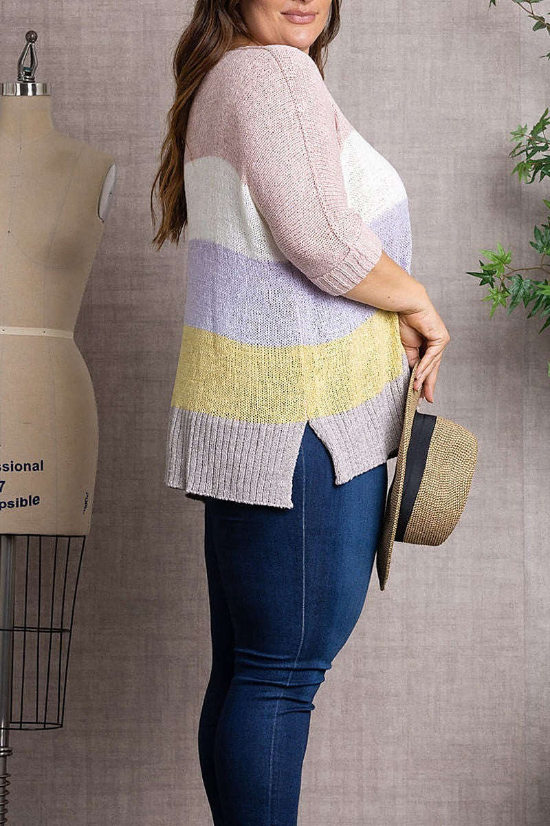 Color block folded sleeve plus size knit top (EDSW3404)