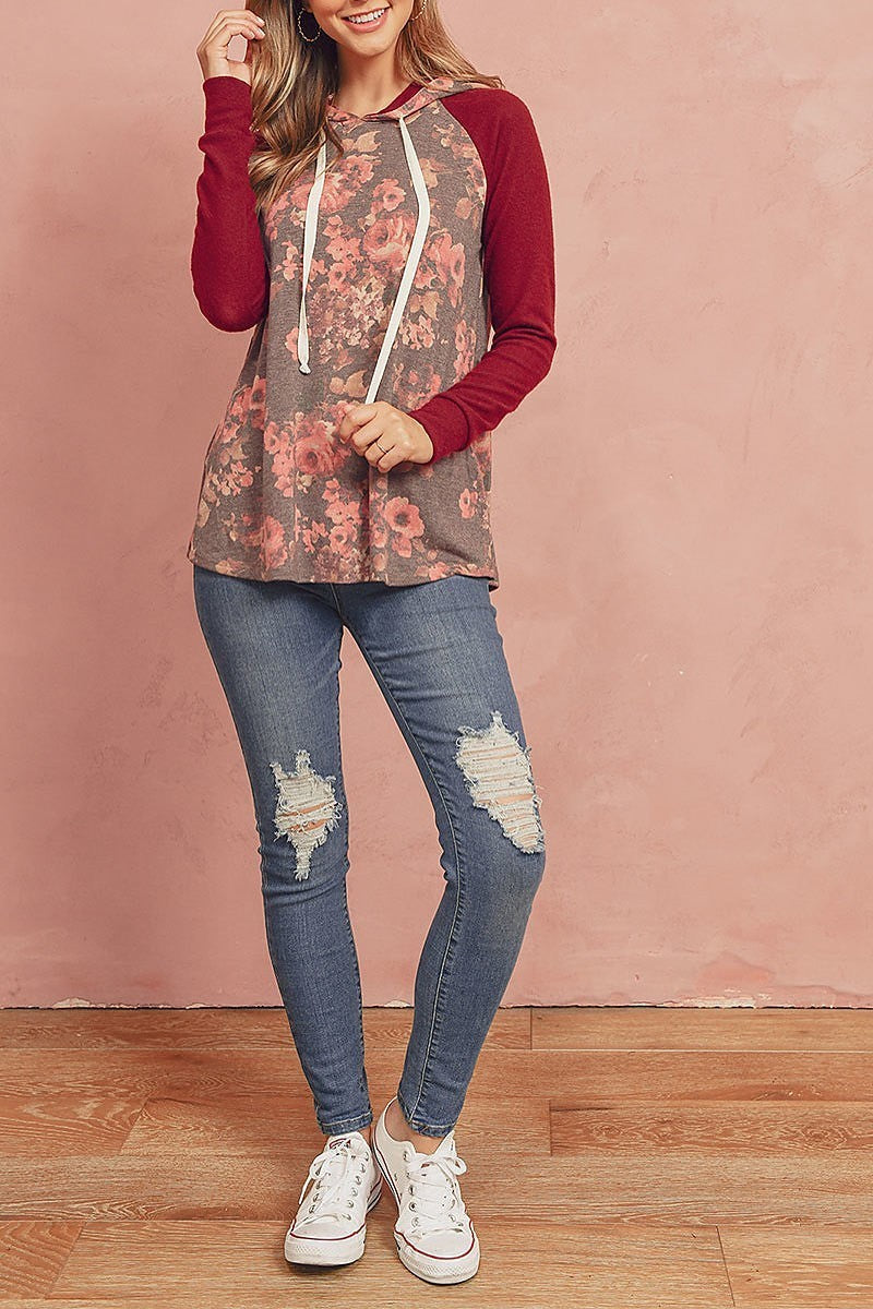 Floral hacci sleeved contrast hoodie with drawstrings (ED8158-59)