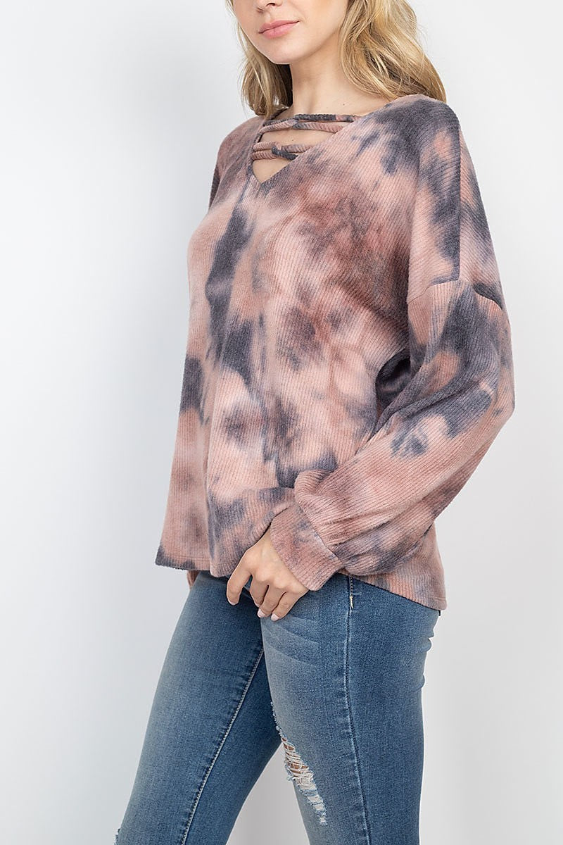 V neck chain strap long sleeve rib tie dye (EF2004)