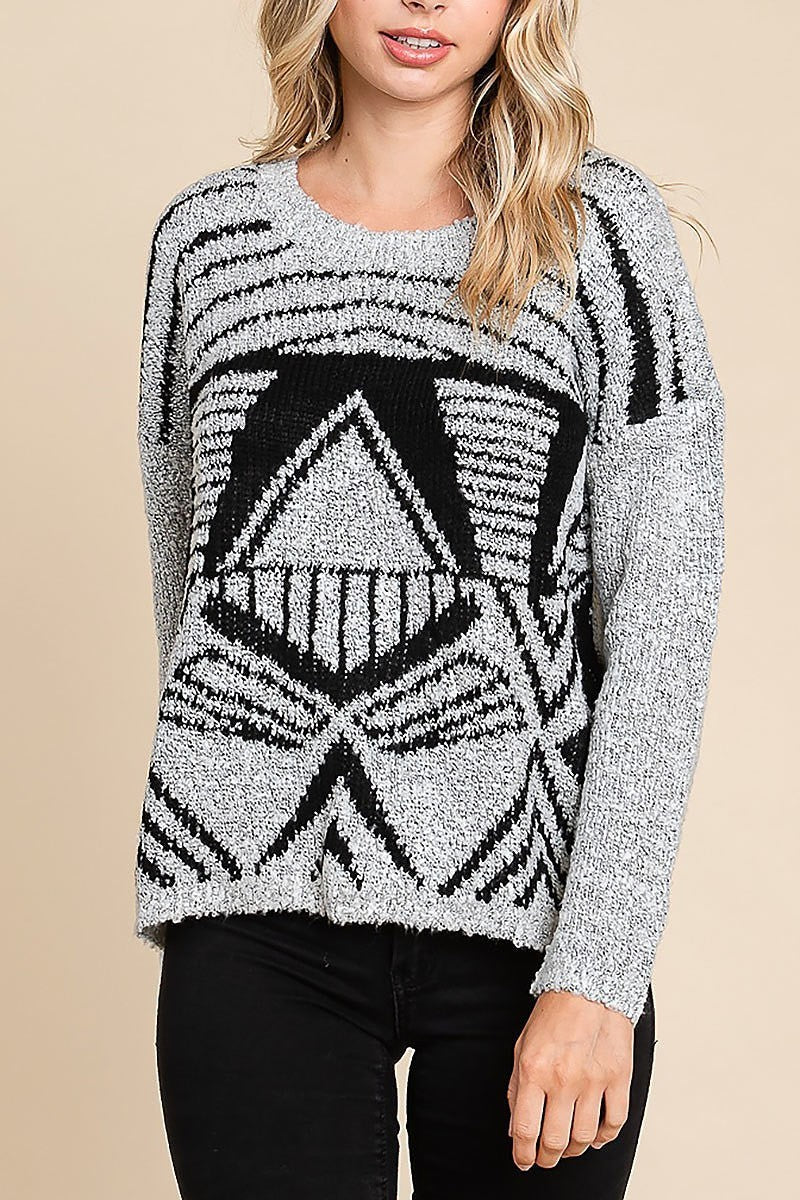 Geometric pattern round neck pullover (EDH1628)