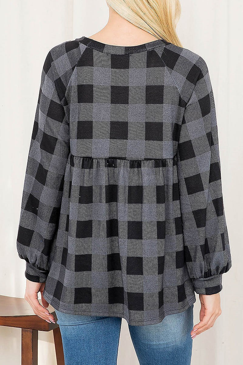 Puff sleeve plaid shirring top (EF2896)