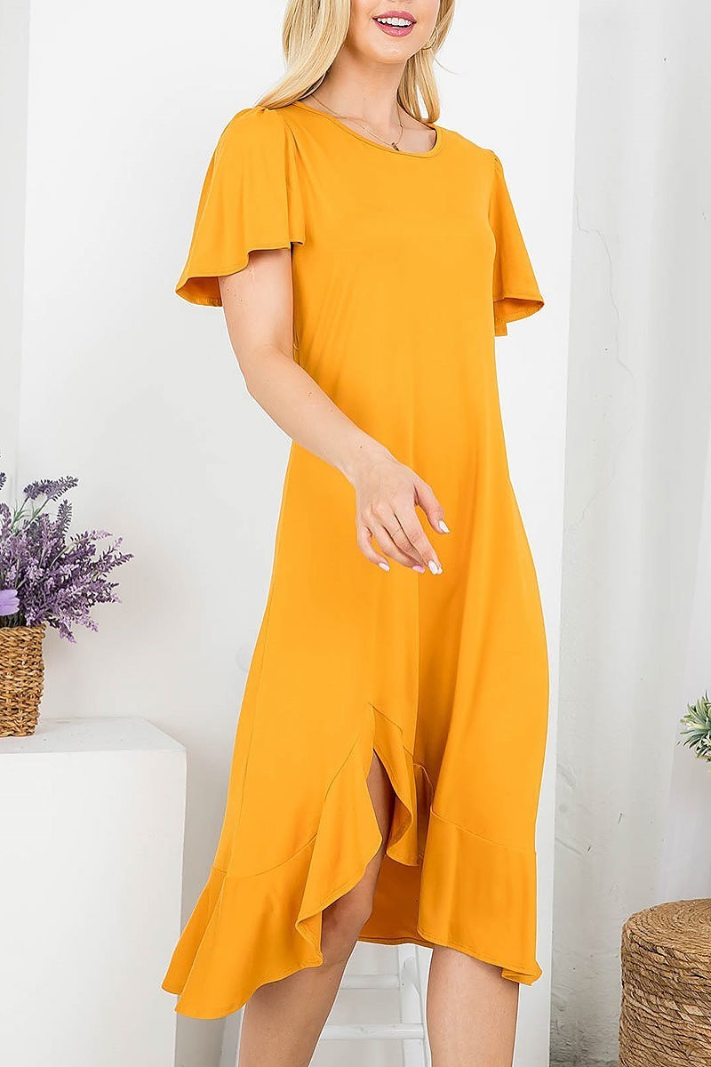 Flutter sleeve ruffle hem asymmetrical hem midi dress (DED7828)