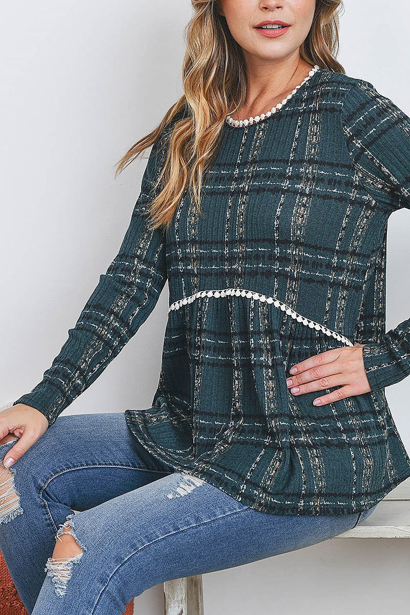 Pompom detail long sleeve plaid top (EF2409)