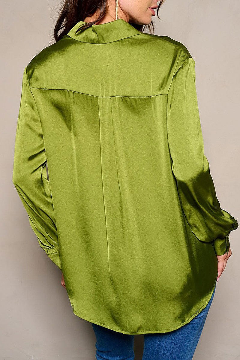 Long sleeve button closure satin blouse top (EGWT1451)