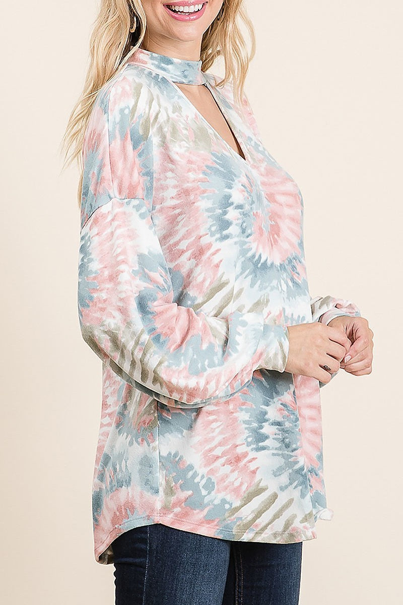 Tie dye keyhole neck bubble sleeve top (EF5039)