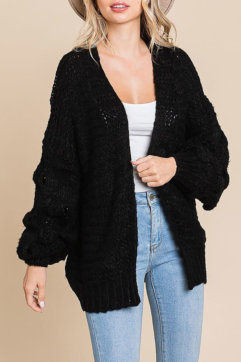 Open front cardigan with popcorn bubble sleeves (EDH1976)