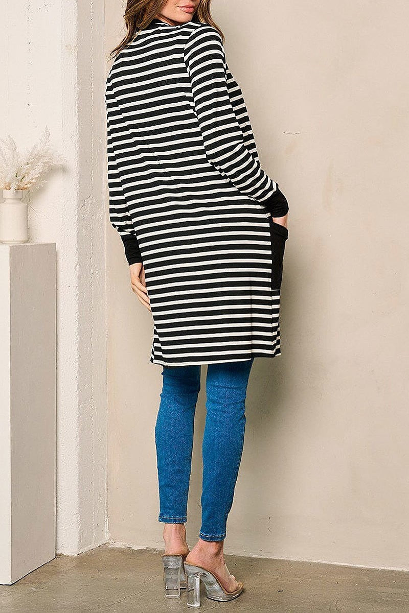 Long sleeve open front pockets stripes cardigan (EFWT4360)