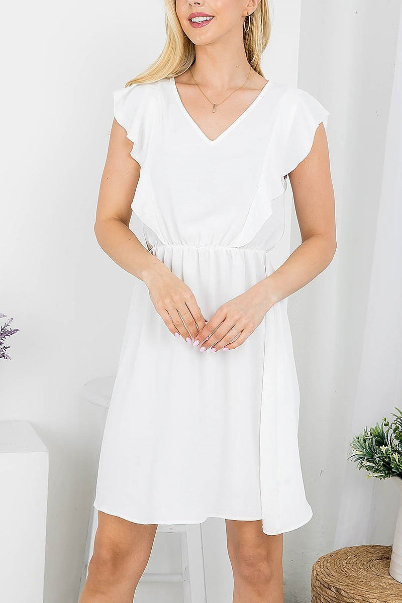 V neck ruffle sleeve a line dress (DED7826)