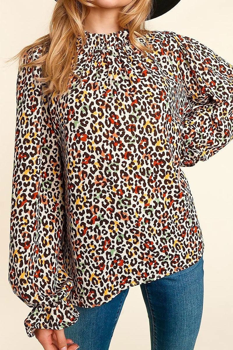 Frilled mock neck animal print button top (ETBM4030)